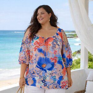 Bellina Floral Tie Sleeve Cold Shoulder Blouse Oversized Boho Tunic Top